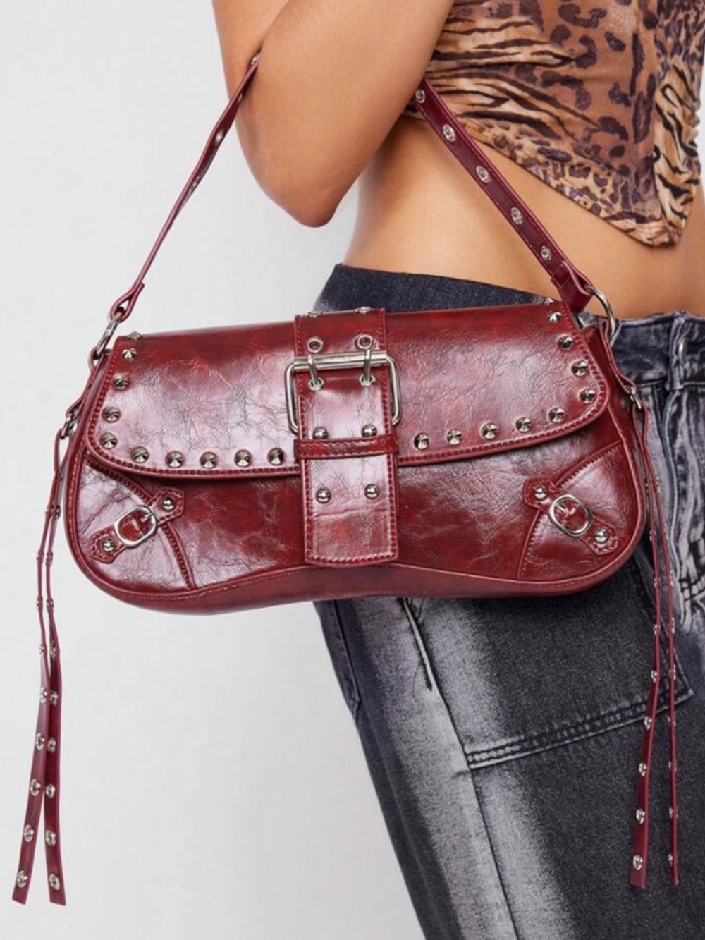 Burgundy Studded Buckle Shoulder Bag – Y2K Vintage Edgy Mini Handbag - Picture 6 of 8